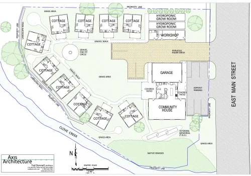 Illustration of Rumshock Village featuring colorful tiny homes designed to provide sustainable housing for veterans.